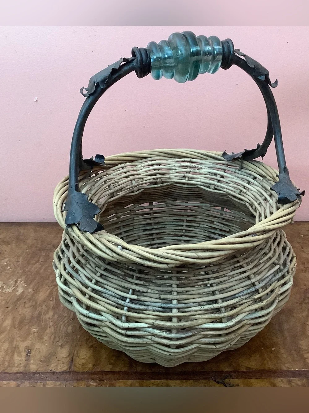 Vintage Handmade Wicker Basket, Wrought Iron Handle, Glass Rings & Oak Leaves